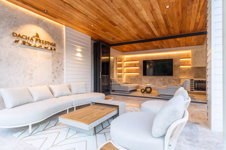 The covered outdoor lounge at Prestige