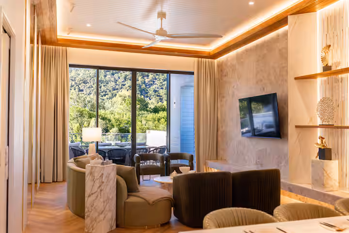 Warm timber and stone interiors at Prestige