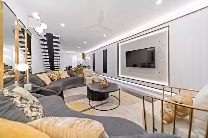 Refined open-plan living room at Dacha on Maggie Lavish