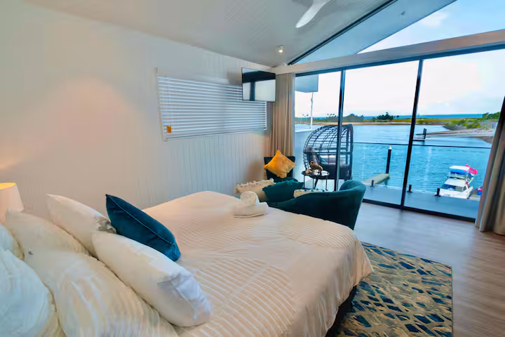 Waterfront bedroom looking across Nelly Bay